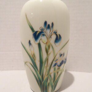 TAKAHASHI Iris Bud Vase Vintage Gold Rim Made in Japan Blue Green Off White
